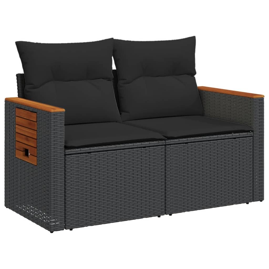 IKAYAA Divano da Giardino 2 Posti con Contenitore Divanetto da Esterno 2 Posti Salotto da Giardino in Polyrattan con Cuscini per Seduta e Schienale-Nero-con Contenitore