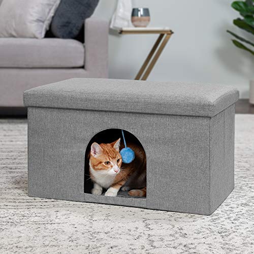 Furhaven Pet House For Indoor Cats & Medium/Small Dogs, Collapsible & Foldable W/ Plush Ball Toy - Living Room Ottoman Cat Condo - Stormy Gray, Large #TOP2