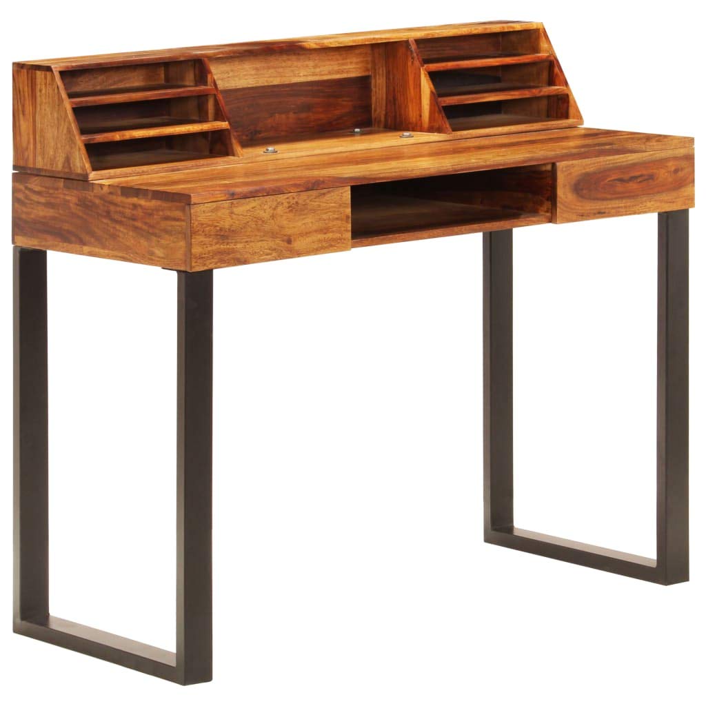 Scrivania in legno massello di acacia e acciaio, 110 x 50 x 94 cm, con cassetto, libreria, ripiano per tastiera, ideale come scrivania per computer, postazione di lavoro per ufficio o soluzione