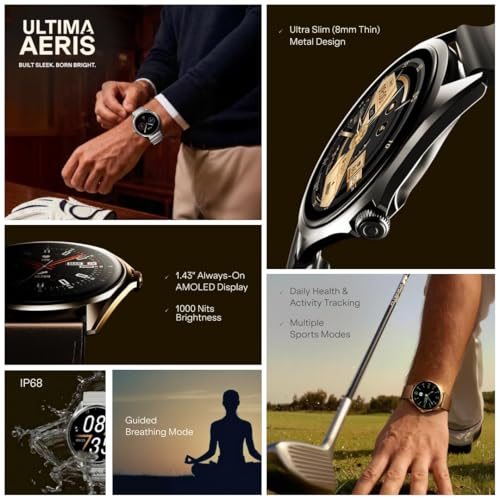 Image of boAt Ultima Aeris 1.43 inch AMOLED Display, 1000 nits Brightness, Ultra Slim 8mm Metal Build, IP68, Auto HR & SpO2 Monitoring, Sleep & Stress Tracking, Stylish Smartwatch for Men & Women(Cool Grey)