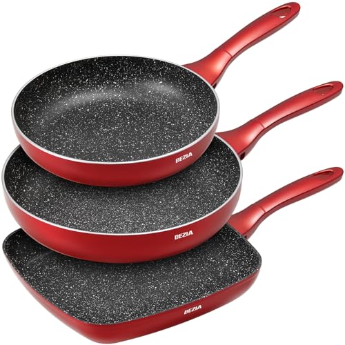 BEZIA Nonstick Frying Pans Set 3 Piece, Skillets and Frying Pans 9.5, 11, 10.2 Inch, Dishwasher Safe Kitchen Cooking Pan, Non Stick Pan for induction cooktop, Omelette Egg Pan with Stay Cool Handle