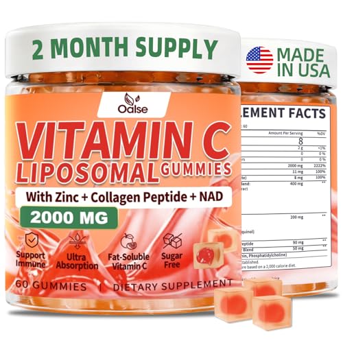 OALSE 2000mg Liposomal Vitamin C Gummies for Adults Elderberry Vitamin C and Zinc NAD Elderberry for Immune Support Supplement Sugar Free 60 Counts Orange Flavor