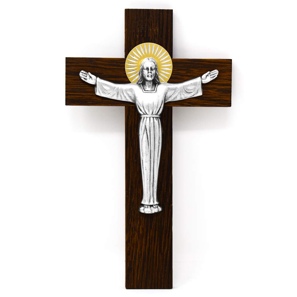 Catholic Gift Shop Metallic - Risen Christ Wooden Cross Metal Corpus Wall Art - Crucifix - Bedroom, Living Room, Home Office