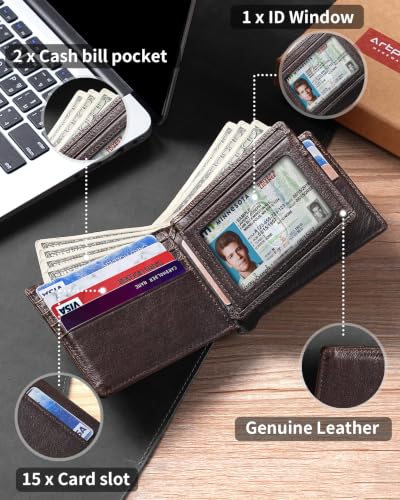 Image of Artpaxy Mens Wallet Bifold Genuine Leather RFID Blocking Wallet for Men with 1 ID Window 15 Card Holders 2 cash pockets 1 Gift Box