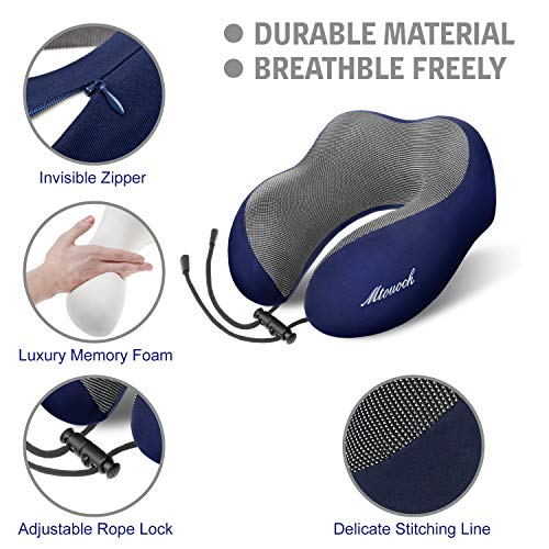 MTOUOCK Travel Pillow, 100% Pure Memory Foam Neck Pillow, Comfortable & Breathable Cover, Machine Washable Airplane Travel Kit with 3D Sleep Mask, Earplugs, and Travel Bag, Blue - Thumbnail 3