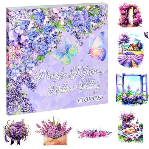 Image of HASTHIP 30-Page Purple Floral Sticker Book with Die Cut PET Waterproof Flower & Butterfly Stickers for Journaling, Scrapbooking, Garden Aesthetic Crafts, Planners, Bullet Diaries & DIY Art Projects