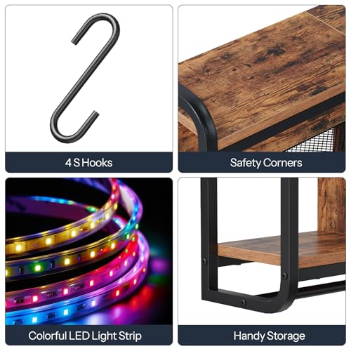 Image of HOOBRO Gaming Floating Shelves with LED Lights, 26.4 inch LED Wall Mounted Shelf, Modern Corner Shelf 3-Tier Display Rack for Wall Storage, Arched Design, for Living Room, Rustic Brown and Black BF44DBJ01