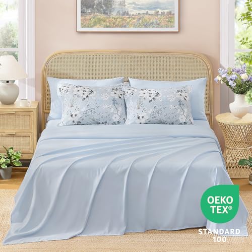 Image of Andency Queen Size 7 Piece Reversible Bed in a Bag - Botanical Floral & Gingham Comforter Set, Farmhouse Vintage Rustic Comforter,Light Blue
