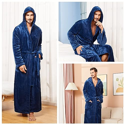 Image of FashGudim Mens Robes Big and Tall with Hood Two-Tone Flannel Fleece Contrast Bathrobe Full Length Plush Long Robe House Coat
