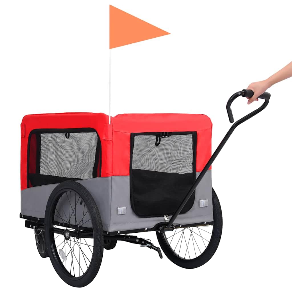 2-in-1 Fahrradanhänger für Hunde und Buggy Rot und Grau Transportwagen für Hunde und Katzen,leicht,sicher,große Kapazität atmungsaktiv,für Ausflüge und Reisen