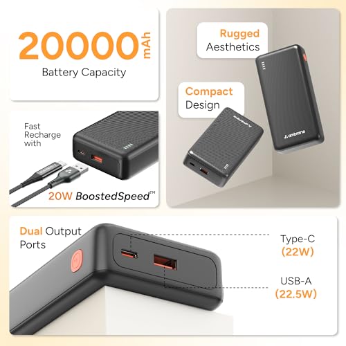 Image of Ambrane 20000mAh Power Bank with 22.5W Fast Charging | 3 Output Ports | Type-C & USB Input | Compact Portable Charger for iPhone, Android Mobile Phone, Tablets, Earbuds, Speakers,smartwatch