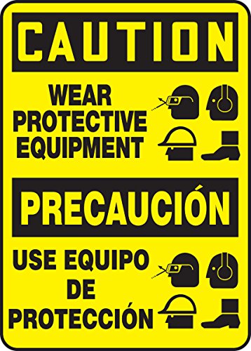 Panneau de signalisation caution wear protective equipment bilingue espagnol 35x25 cm