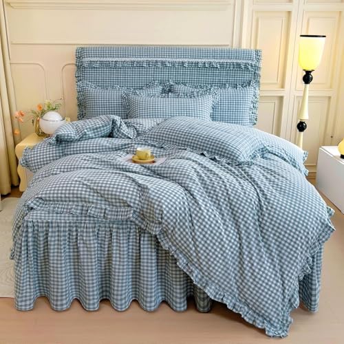 Image of LifeTB Queen Comforter Set Blue Gingham Comforter Vintage Ruffle Plaid Checkered Pattern Comforter Set Queen Fluffy Soft Gingham Bedding Set Farmhouse Plaid Grid Bed Comforter with 2 Pillowcases