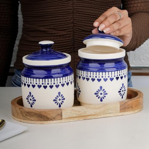 Image of The Earth Store Blue Drape Ceramic Jar with Wooden Tray | 650ml Each | Pickle Jar | Kitchen Storage Container Set for Pickle, Cookies, Sugar, Tea, Coffee - 2 Jars & 1 Tray Combo Set