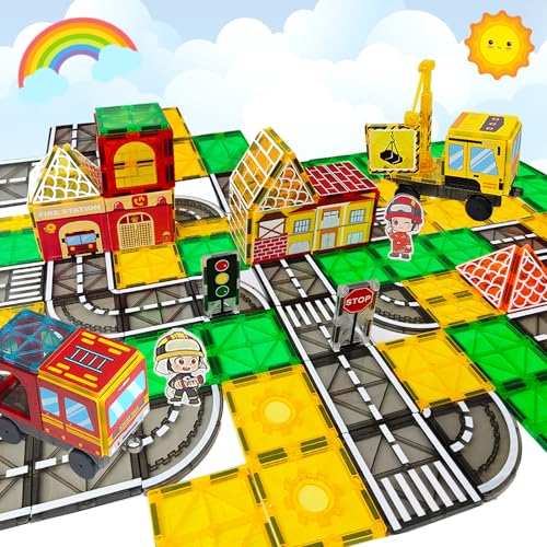 SPANKAR Magnetic Tiles Road Set for Kids, STEM Building Toys W/Extendable Crane,City Construction Magnetic Blocks,Montessori Toys for Toddlers, Gift Toy for 3 4 5 6 Year Old Kids & Boys & Girls
