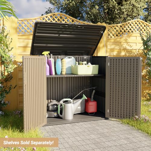 Image of KINYING Larger Outdoor Storage Shed Weather Resistance, Resin Sheds & Outdoor Storage for Garden, Patios, Backyards, 48 Cu.Ft Tool Shed for Garbage Cans, Lawn Mower, Garden Tools,Brown