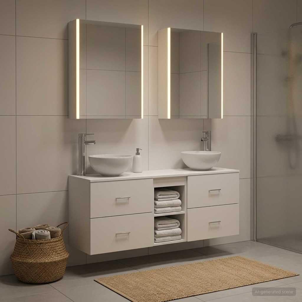 Juego de 5 armarios de baño, color blanco, 53 x 15,5 x 70 cm, resistente a la humedad, montaje en pared con luces LED de espejo, ahorro de espacio, diseño moderno, ideal para baños y
