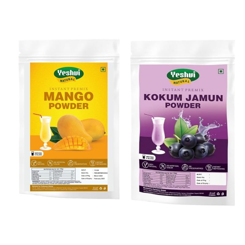 Yeshvi NATURAL Mango & Kokum Jamun Fruit Juice Powder, Instant Mix Drink for Diabetes Control, Purify Blood, Easy to Make Beverage, 6 Serving Glass for juice, 200gm