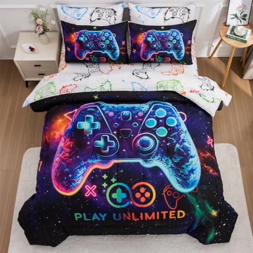 NTBED Game Console Comforter Set for Boys Girls Kids Space Galaxy Gaming 5 Pieces Bed in a Bag Lightweight Microfiber Gamer Bedding Comforter with Sheet (Purple, Twin 5pcs)
