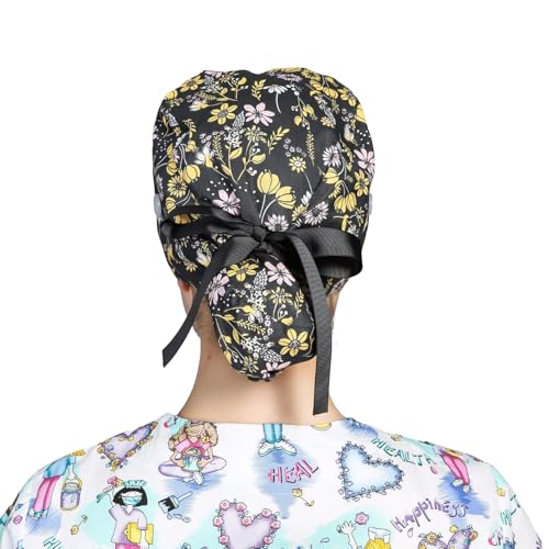 Nurse Work hat, Cartoon Printed hat with Buttons, Ponytail Long Headband4