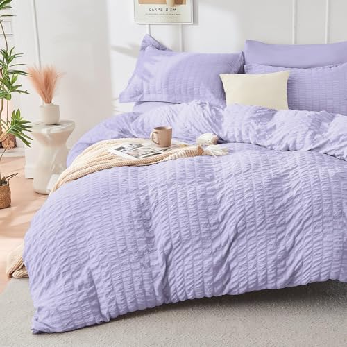 Image of HYMOKEGE Light Purple King Size Comforter Set Seersucker 7 Pieces, All Season Luxury Bed in a Bag for Bedroom, Bedding Set with Comforter, Sheets, Pillowcases & Shams