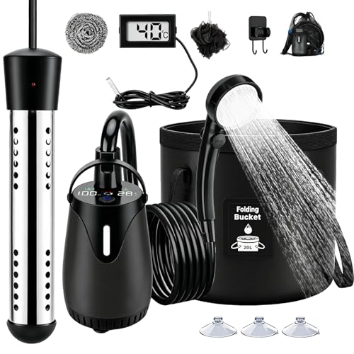 BONJUME Douche De Camping Portable, 8000mAh Douche De Camping avec Pompe Chauffe-Eau à Immersion Affichage Kit De Douche Extérieure avec Seau Pliable De 20L Pommeau De Douche Et Tuyau De 2M