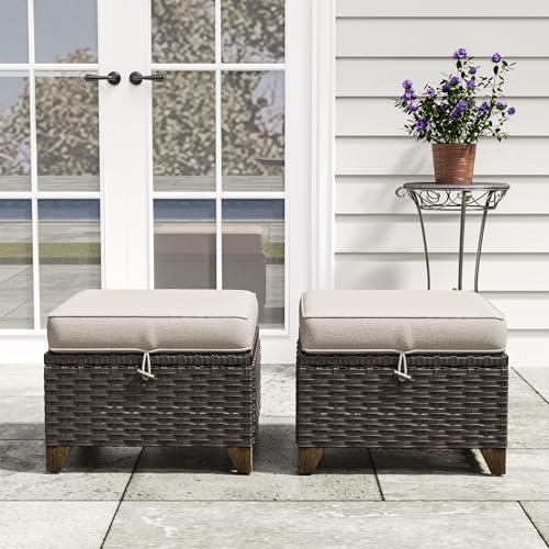 Image of 2 Pieces Patio Outdoor Ottomans with Removable and Washable Covers,PE Rattan Wicker Footstools for Porch, Garden, Sunroom (Beige) | Patio Ottoman Set with Olefin Removable Cushion, All-Weather Ottoman with Deep Seat for Porch, Deck and Backyard, Beige