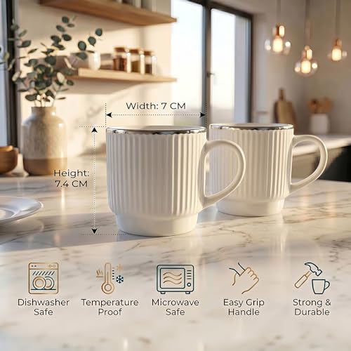 Image of UPC Coffee Mug Set of 6 | White Ribbed Texture with Silver Rim | Tea & Coffee Cups | Microwave & Dishwasher Safe | Home & Kitchen