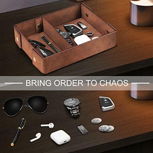 SITHON Valet Tray Catchall Desktop Organizer - Removable 2 Compartments Entryway Table Catchall Tray Bedside Vanity Tray Nightstand Caddy Holder for Phone, Keys, Wallet, Jewelry, Brown