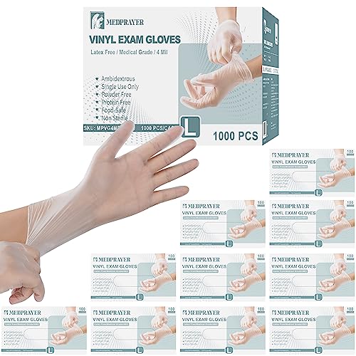 MEDPRAYER Guantes de examen de vinilo, sin polvo ni látex, guantes de limpieza de goma desechables, guantes de cocina de plástico aptos para alimentos, 4 mil (L, 1000, unidades)
