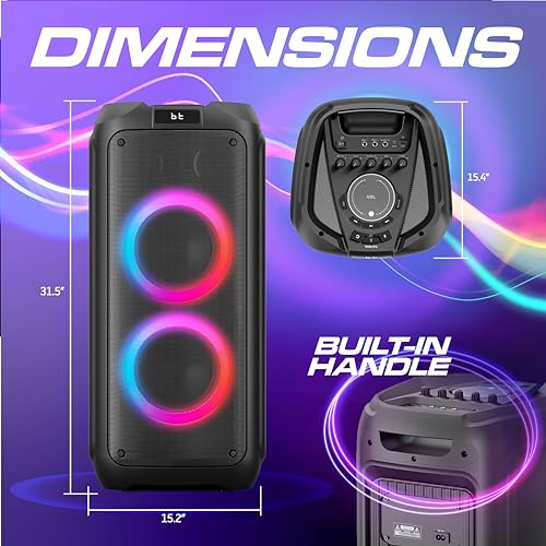 Image of Philips Bluetooth Party Speaker, 120W Powerful Sound with Dynamic Bass Boost, 10 RGB Light Modes, Karaoke Mic & Guitar Inputs, FM Radio, USB /TF /AUX Playback, Portable Handle, Remote Control (Cordless)