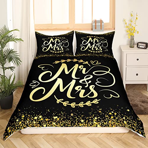 Ensemble de Literie M. et Mme Cadeaux 220x240 Housse de Couette Sequin en Or Noir,Housse de Couette Golden Heart Pailletée pour Femme Adulte Homme,pour Le...