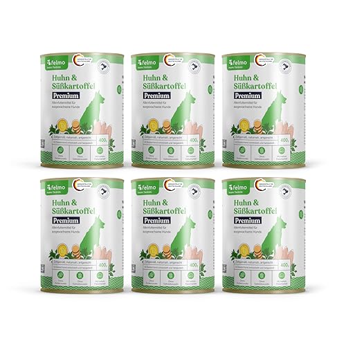 felmo Comida, Pienso húmedo premium con pollo para perros, 6 x 400 g (2400 g), sin aditivos artificiales, cereales y sin azúcar, con vitaminas, ácidos grasos omega3 y omega