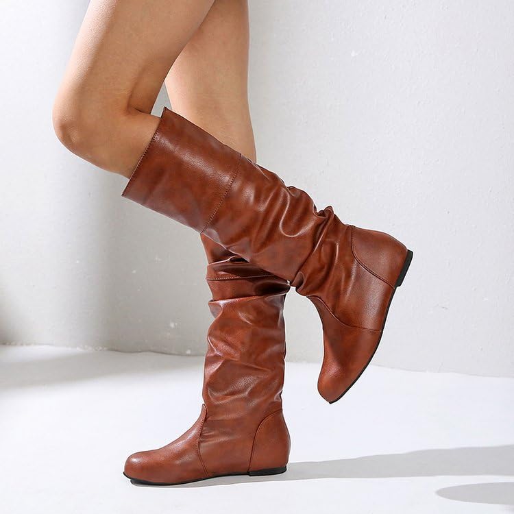 Women's Slouchy Mid Calf to Knee High Boots -Flat PU Leather Round Toe Slip On Winter Fall Dress Boots2
