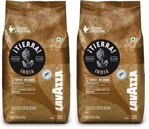 Image of Lavazza Tierra India | Arabica Whole Roasted Bean | Traditional Drum Roasting | 1Kg Pack (Pack of 2)