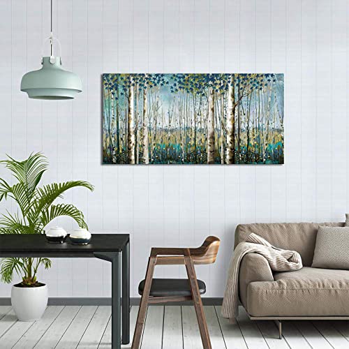 Image of Large Birch Tree Wall Art Framed Forest Landscape Painting - Nature Wall Art for Living Room, Oversized Canvas Pictures for Wall Decor, Green Wall Decor Framed Artwork for Walls 29x58 Inches