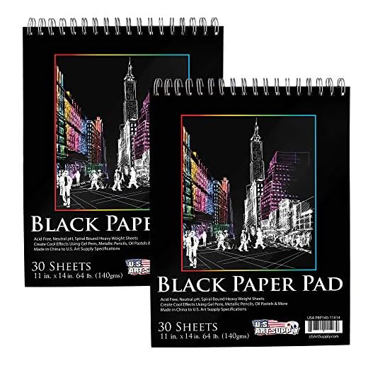 U.S. Art Supply 11" x 14" Premium Black Heavyweight Paper Sketch Pad, Pack of 2, 30 Sheets Each, 64lb (140gsm) - Spiral Bound Artist Drawing Paper - Colored Pencils, Gel Pens, Oil Pastels