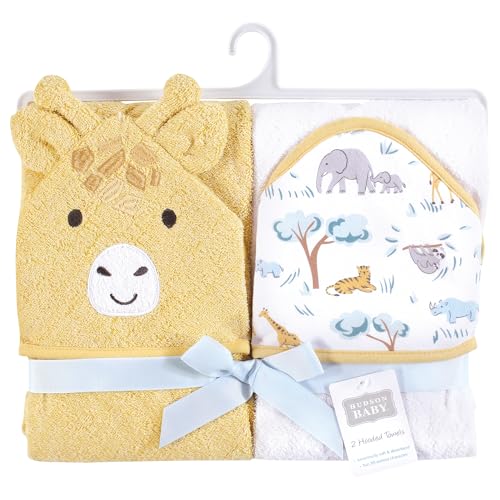 Image of Hudson Baby Unisex Baby Cotton Poly Animal Face Hooded Towel, Safari Friends, One Size