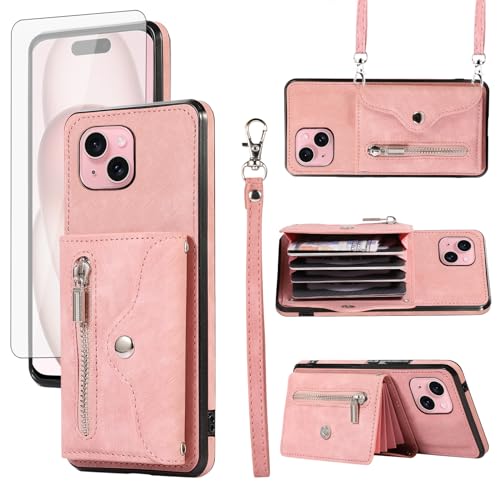 Coque iPhone 15 avec protège-écran verre trempé et étui portefeuille or