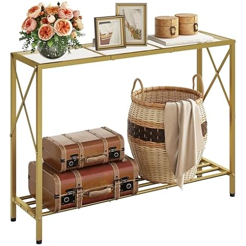 Hoctieon Gold Glass Console Tables for Entryway, 2-Tier Hallway Table for Entryway, Sturdy Console Table with Storage, Easy Assembly Sofa Tables for Living Room, Bedroom Cover