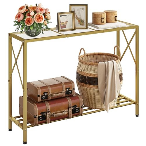 Hoctieon Gold Glass Console Tables for Entryway, 2-Tier Hallway Table for Entryway, Sturdy Console Table with Storage, Easy Assembly Sofa Tables for Living Room, Bedroom