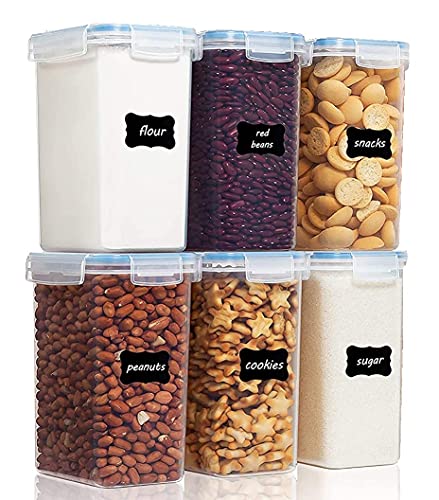 Image of Kitchen Storage Container Set of 6pc Food Safe & BPA Free Plastic Kitchen Containers and Jars 500ml Cereal Dispensers Airtight Fridge Container with Leakproof Lid (1.5L, Rectangular, Transparent)