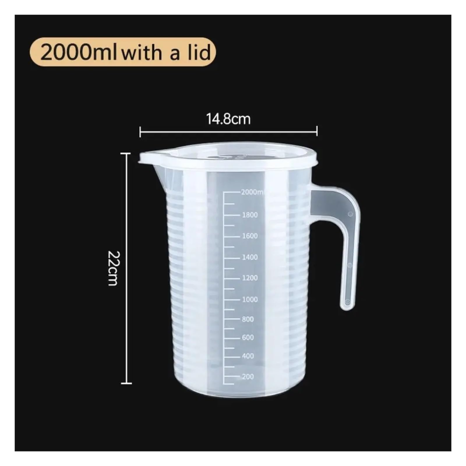 Vaso medidor de plástico transparente de gran capacidad con tapa, vaso mezclador graduado for uso en cocina y laboratorio(2000ml(with a lid))