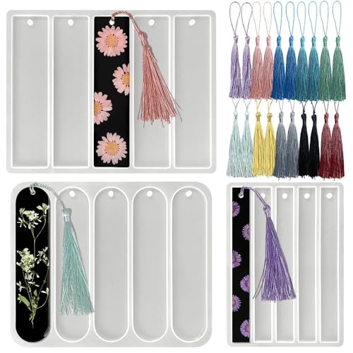 15 Stück lesezeichen silikonform,Lesezeichen Epoxidharz Formen set,DIY Lesezeichen silikonform harz,silikonform epoxidharz，mit 20 Quasten，Es gibt große Rechtecke, kleine Rechtecke und Ovale