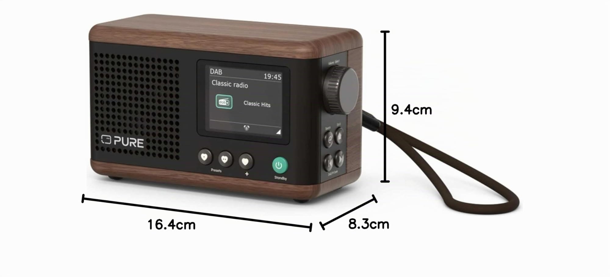 Pure Classic Mini Radio Digitale Portatile DAB+ e FM con Bluetooth 5.3, Batteria da 15 ore, Schermo a colori da 2,4", Cinghia di trasporto, Nero Caffè/Noce, Compatto e leggero