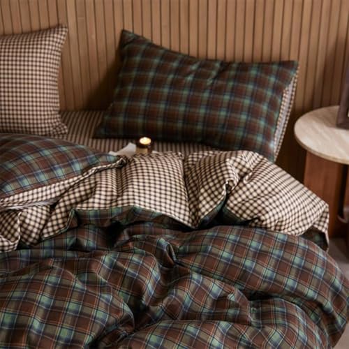 Image of Gingham Duvet Cover King Size Brown Green Plaid Checkered Reversible Bedding Set 3 Pcs Vintage Tan Grid Soft Lightweight Microfiber Comforter Cover Set with Zipper Closure and 2 Pillowcases