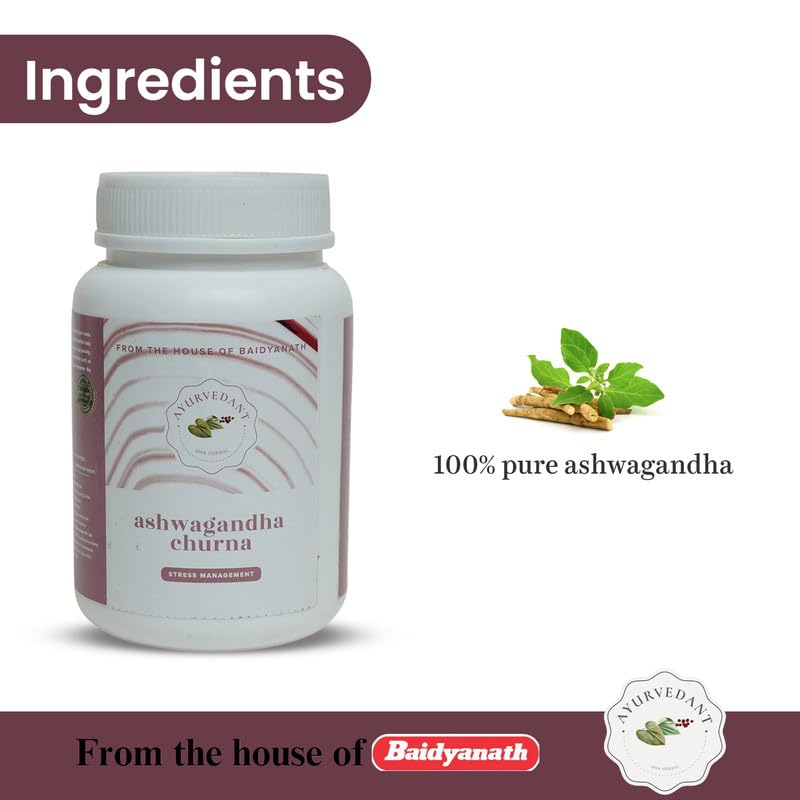 Baidyanath Ayurvedant Ashwagandha Churan 100 GM | Stress Management, Improves Strength & Energy, Rejuvenates Mind & Body, Enhances Overall Wellbeing (Pack of 1) 2