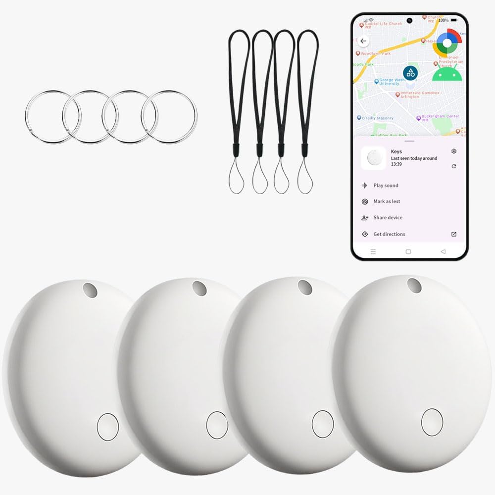 Bluetooth Tracker for Android (White, 4Pack), Works with Google Find My Device App, IP67 Waterproof, Replaceable Battery, Tracker Tag for Keys, Backpack, Suitcases, Travel and Commute