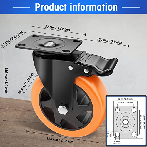 Image of 5 inch Swivel Plate Casters, 1400Lbs Capacity with Brake | Orange, 4-Pack, PU Wheels, Double Ball Bearings, Quiet & Non-Marking, for Workbenches