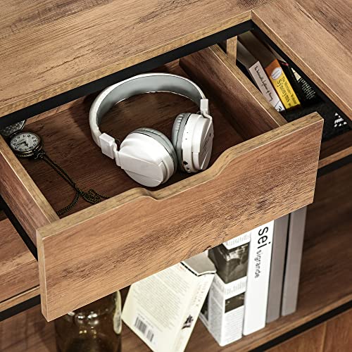 Image of L Shaped Home Offie Computer Desk with Storage Shelves, 2 Dawers and Industrial Steel e, Black,Brown